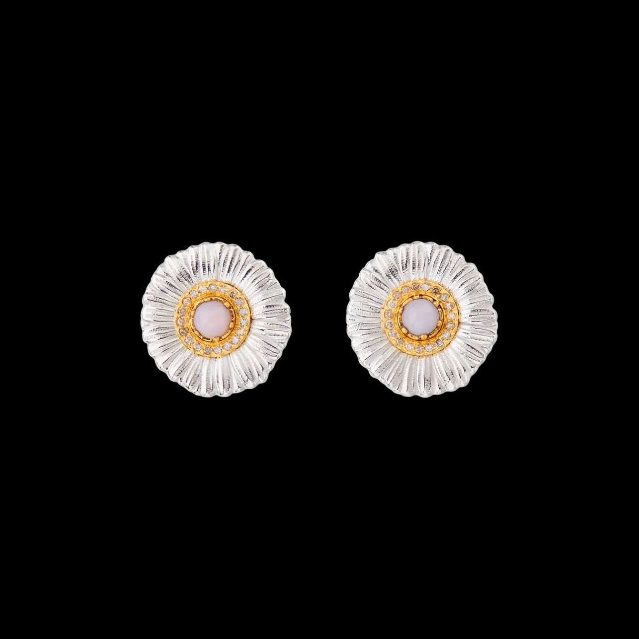 Buccellati BLOSSOMS SILVER BUTTON EARRINGS WITH DIAMONDS AND PINK OPAL