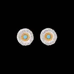 Buccellati BLOSSOMS SILVER BUTTON EARRINGS WITH DIAMONDS AND LIGHT BLUE AGATE