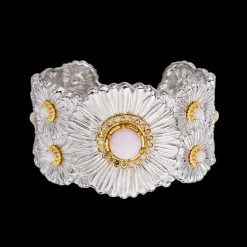 Buccellati BLOSSOMS SILVER CUFF BRACELET WITH DIAMONDS AND PINK OPAL