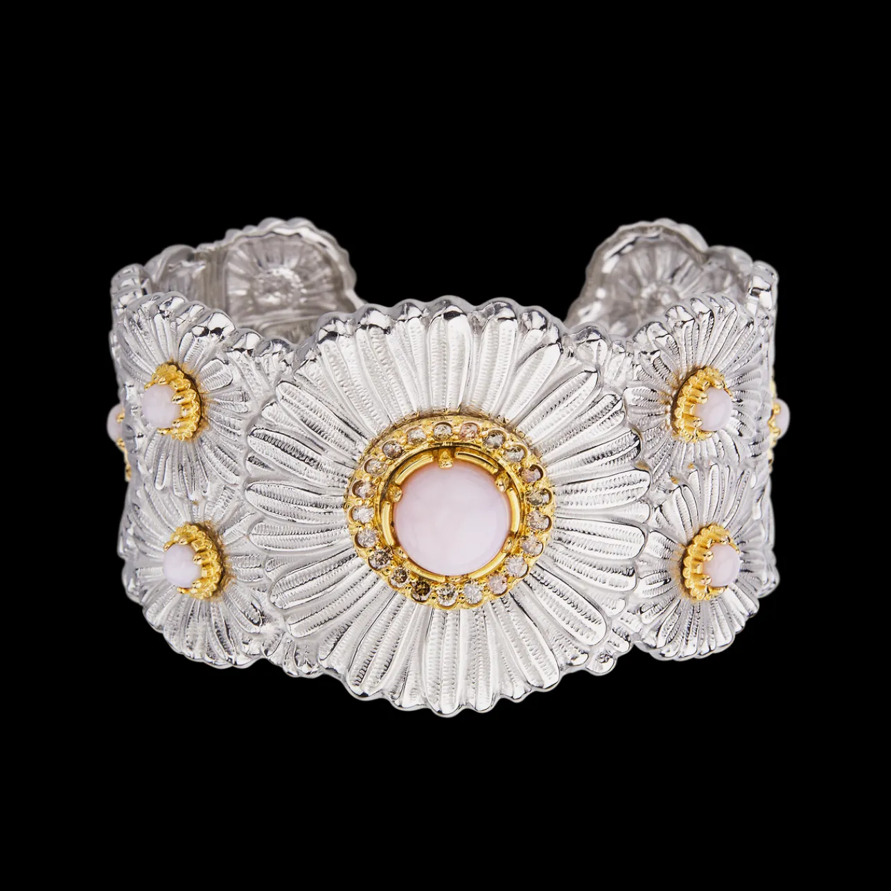 Buccellati BLOSSOMS SILVER CUFF BRACELET WITH DIAMONDS AND PINK OPAL