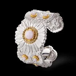 Buccellati BLOSSOMS SILVER CUFF BRACELET WITH DIAMONDS AND PINK OPAL