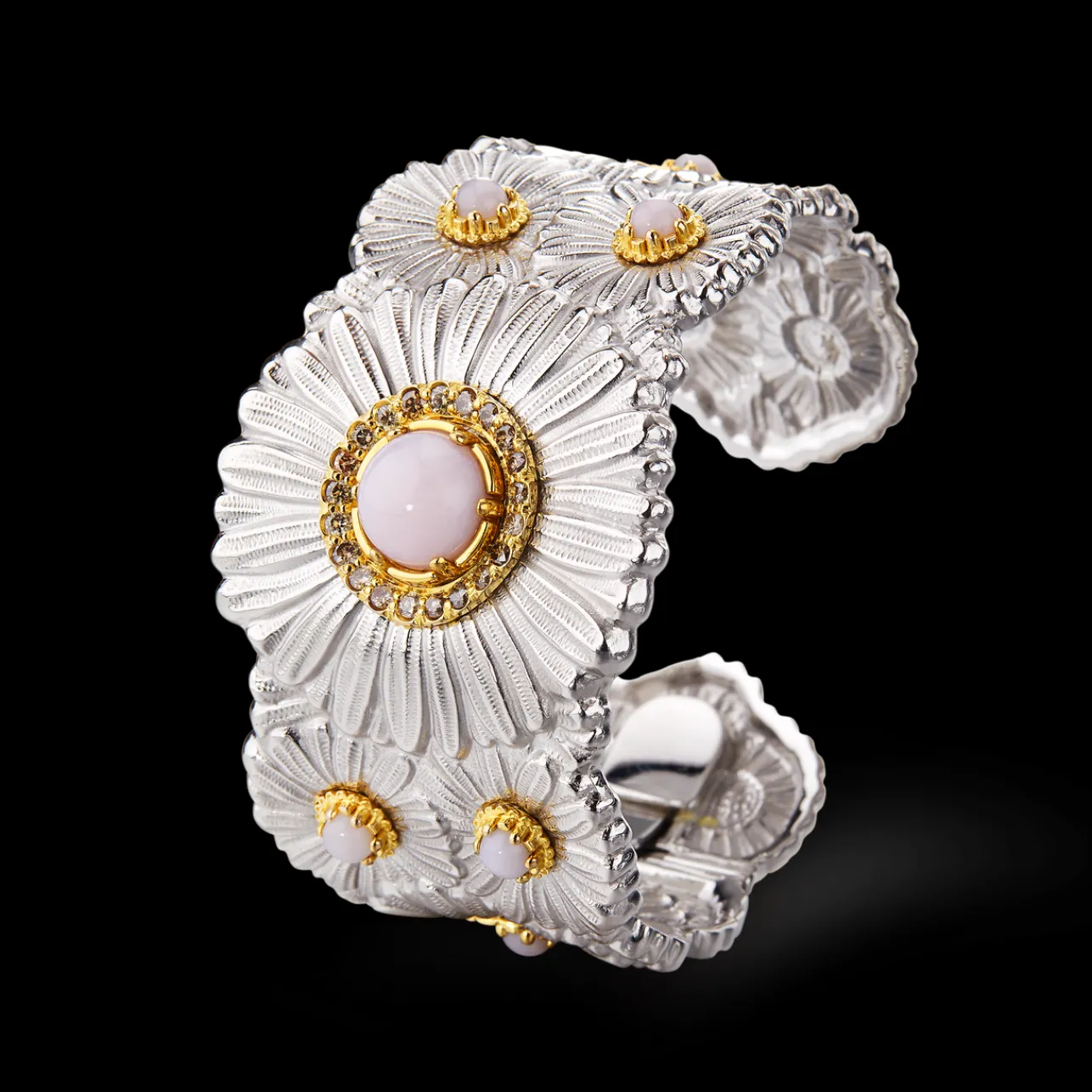 Buccellati BLOSSOMS SILVER CUFF BRACELET WITH DIAMONDS AND PINK OPAL