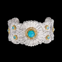 Buccellati BLOSSOMS SILVER CUFF BRACELET WITH DIAMONDS AND LIGHT BLUE AGATE