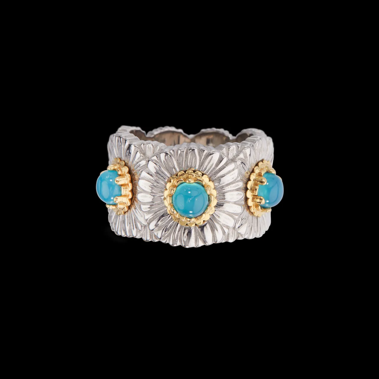 Buccellati BLOSSOMS SILVER ETERNELLE RING WITH DIAMONDS AND LIGHT BLUE AGATE