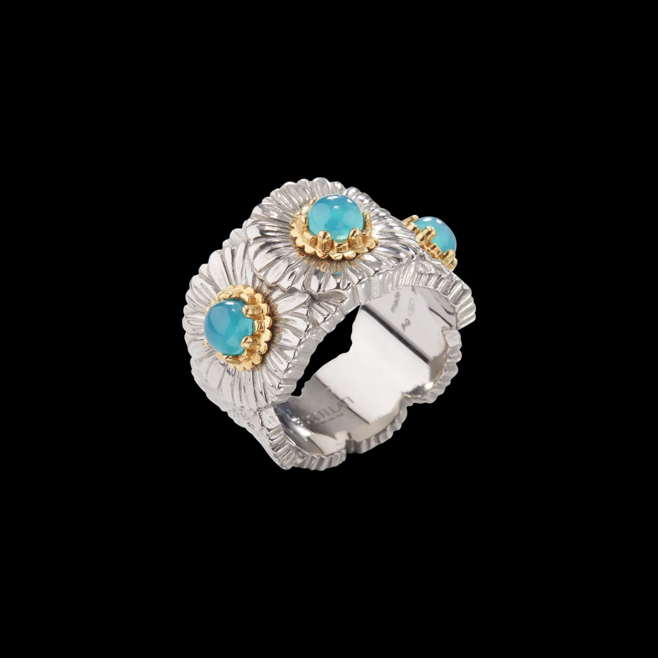 Buccellati BLOSSOMS SILVER ETERNELLE RING WITH DIAMONDS AND LIGHT BLUE AGATE