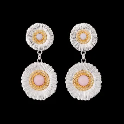 Buccellati BLOSSOMS SILVER PENDANT EARRINGS WITH DIAMONDS AND PINK OPAL