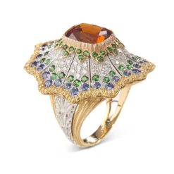 Buccellati DAMASCENA YELLOW WHITE AND PINK GOLD RING WITH TZAVORITES AND SAPPHIRES