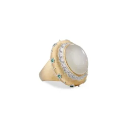 Buccellati MACRI COLOR YELLOW AND WHITE GOLD RING WITH MOONSTONE AND EMERALDS