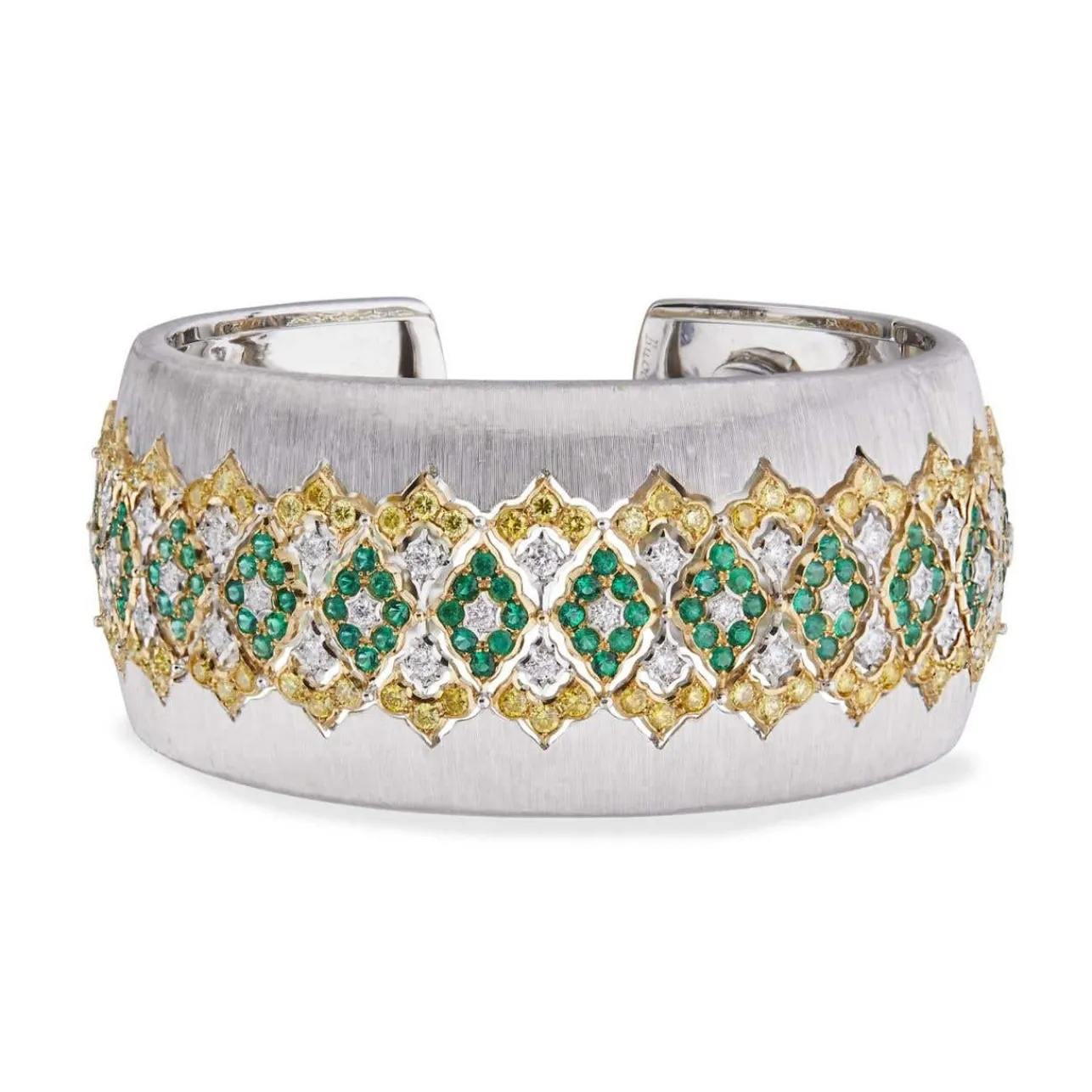 Buccellati MOSAICO WHITE AND YELLOW GOLD EMERALD CUFF BRACELET