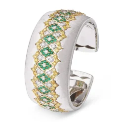 Buccellati MOSAICO WHITE AND YELLOW GOLD EMERALD CUFF BRACELET