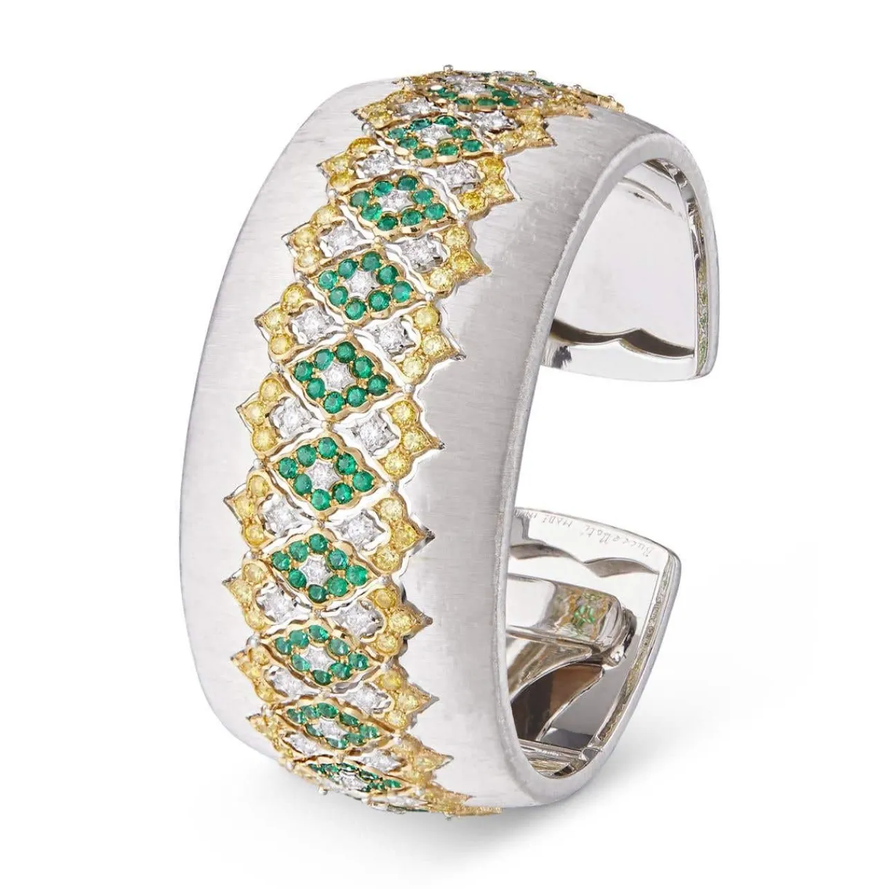 Buccellati MOSAICO WHITE AND YELLOW GOLD EMERALD CUFF BRACELET