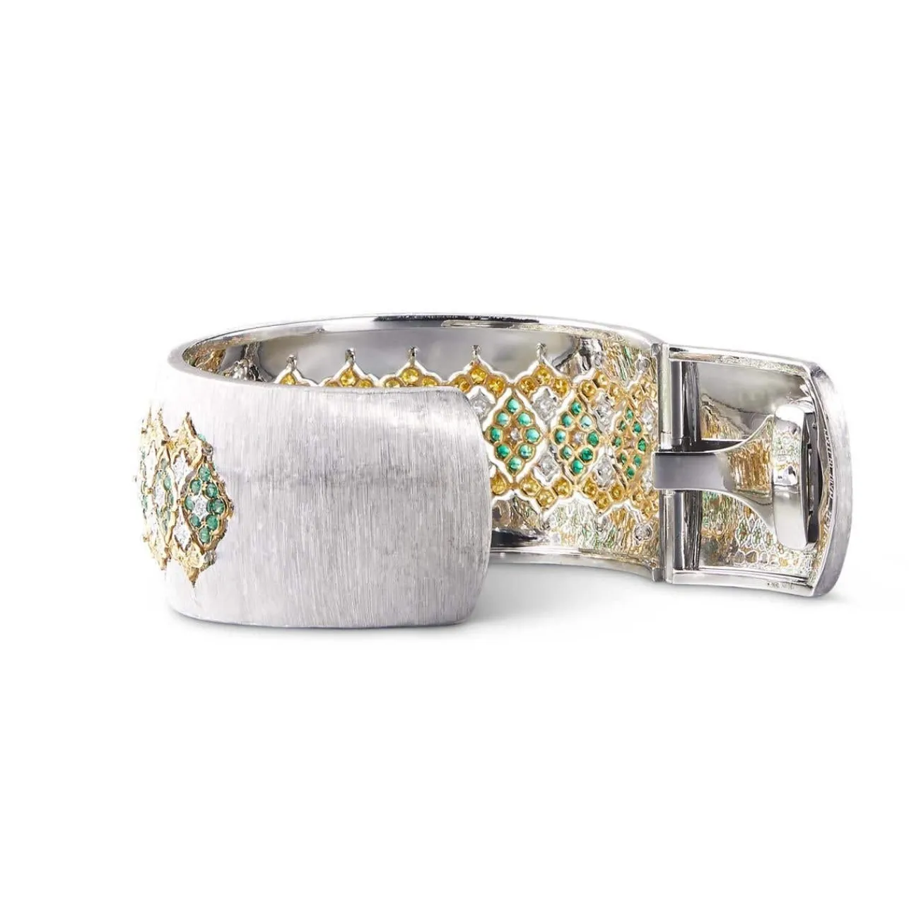 Buccellati MOSAICO WHITE AND YELLOW GOLD EMERALD CUFF BRACELET