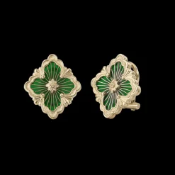 Buccellati OPERA TULLE YELLOW GOLD BUTTON EARRINGS WITH GREEN ENAMEL ELEMENT