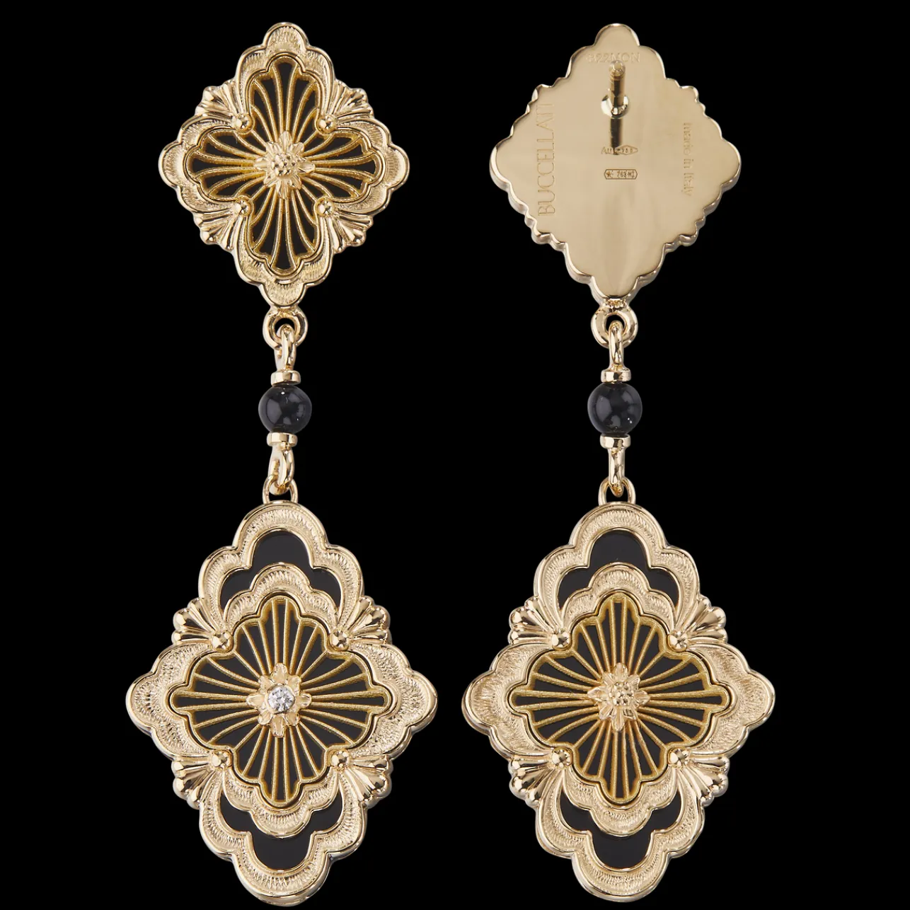 Buccellati OPERA TULLE YELLOW GOLD EARRINGS WITH ONYX AND CENTRAL DIAMOND
