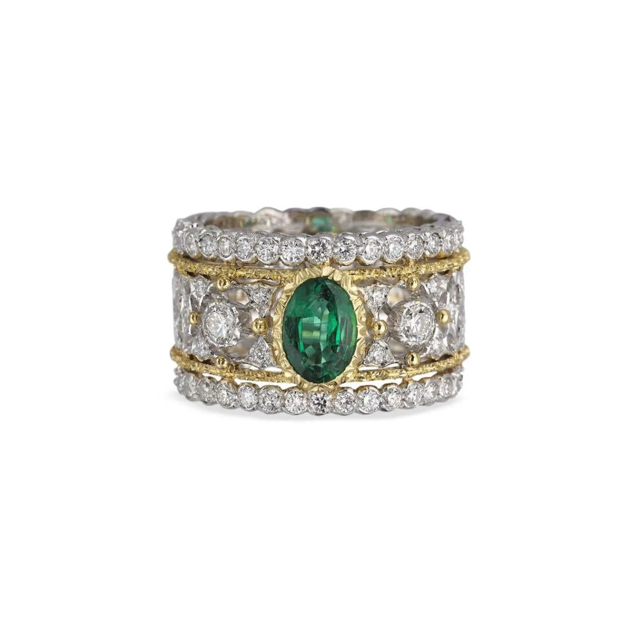 Buccellati PREMIUM BAND WHITE AND YELLOW GOLD RING WITH EMERALDS