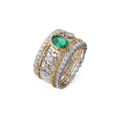 Buccellati PREMIUM BAND WHITE AND YELLOW GOLD RING WITH EMERALDS