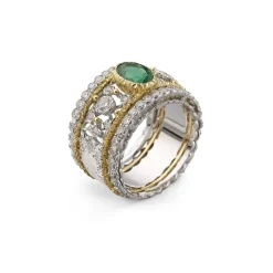 Buccellati PREMIUM BAND WHITE AND YELLOW GOLD RING WITH EMERALDS