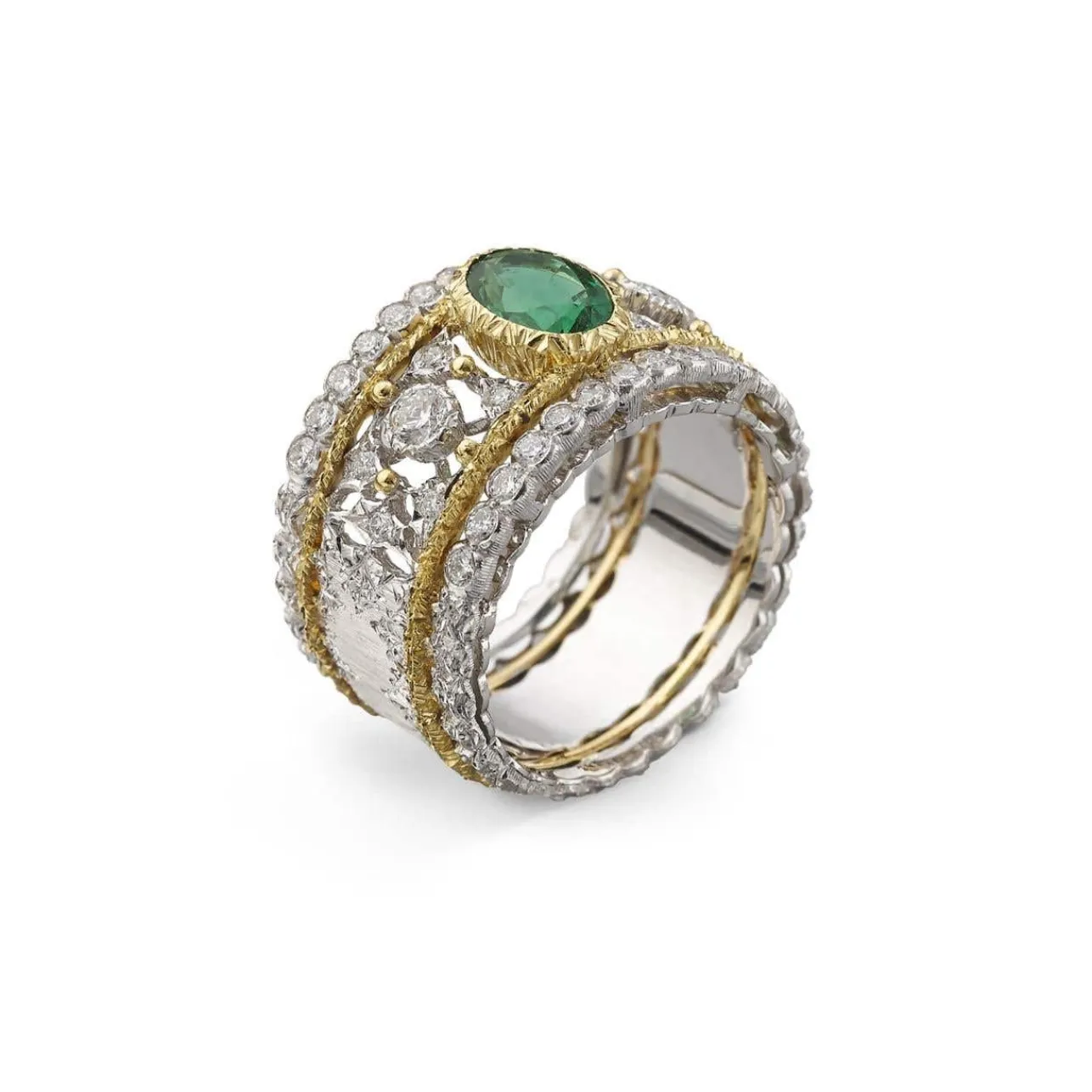 Buccellati PREMIUM BAND WHITE AND YELLOW GOLD RING WITH EMERALDS