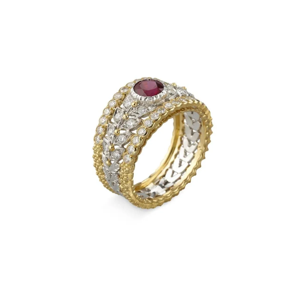 Buccellati PREMIUM BAND WHITE AND YELLOW GOLD RING WITH RUBIES